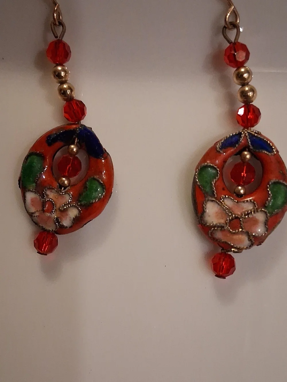 Red Floral Cloisonné Drop Earrings with Gold-Tone Accents